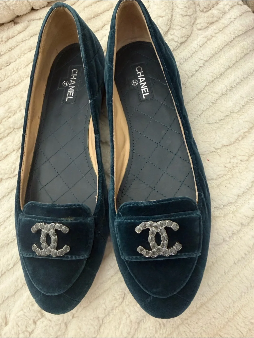 CHANEL Teal Velvet Loafers with Crystal CC Emblem